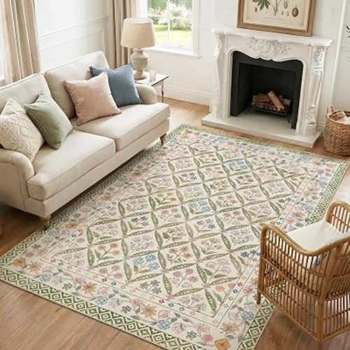 jinchan 5x7 Vintage Floral Washable Living Room Area Rug, Sage Green