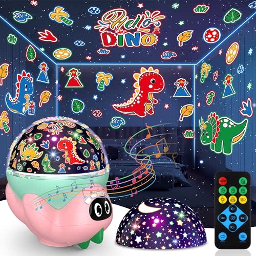 Dinosaur Night Light Projector for Kids | Star Lights Projector for Bedroom | Dino Lamp with 10 Soothing Music and Timer, Remote Control | Birthday Gifts for Girls Pink