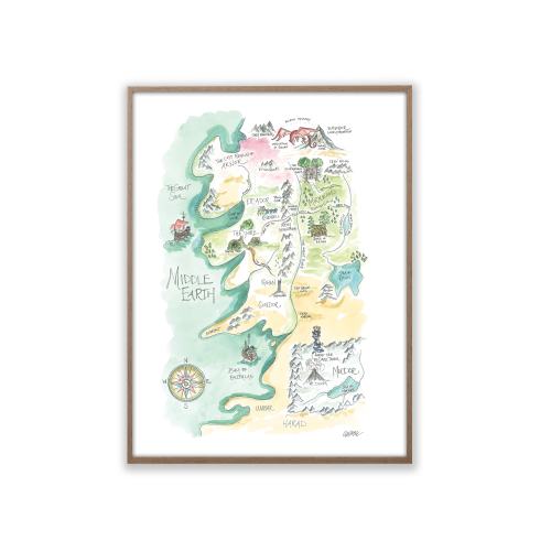 Lord of the Rings Middle Earth Tolkien Watercolor Art Map Print