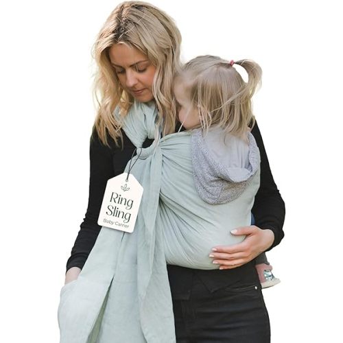 Ring Sling Baby Carrier - USA Lab Tested, 100% Natural Cotton Muslin, Breathable & Ergonomic Ring Sling Light Green