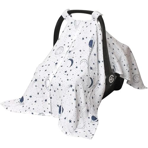 Muslin Car Seat Cover for Babies, Baby Carseat Cover for Boys Girls, Breathable Infant Car Seat Canopy, Multiuse Baby Carrier Cover & Nursing Breastfeeding Cover(White)
