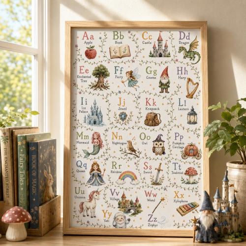 Fairytale Alphabet Wall Art Print, Magical ABC Poster, Fantasy Nursery Decor, Princess Dragon Castle Kids Room Learning Art Gift for Girls