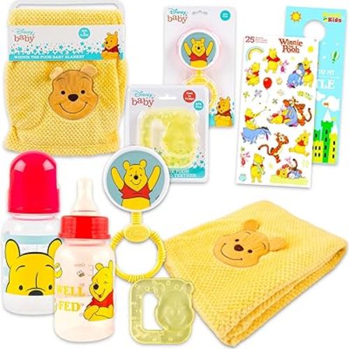 Disney Winnie The Pooh Baby Gift Set - 6 Pc Newborn Essentials Bundle with Blanket, Rattle, Bottle, Teether, Scrapbook Stickers, More | Baby Shower Gifts for Girls, Boys