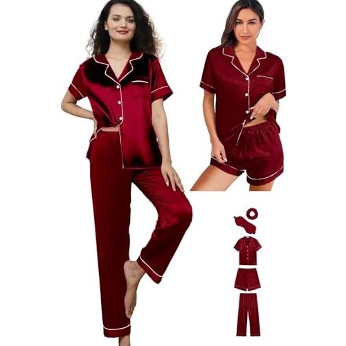 5Pcs Womens Silk Satin Pajamas Sets XS-XXL Short Pj Sets Button Down Pjs Set Sleepwear Loungewear