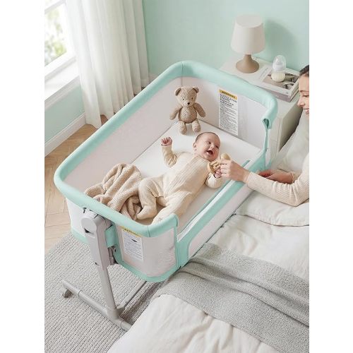 ONTHEWEI Baby Bassinet Bedside Sleeper 3-in-1, Easy Night Feeding with One-Side Fold & Rolling Wheels, Breathable Mesh, 6-Height Adjustable, Soft Mattress for Newborns