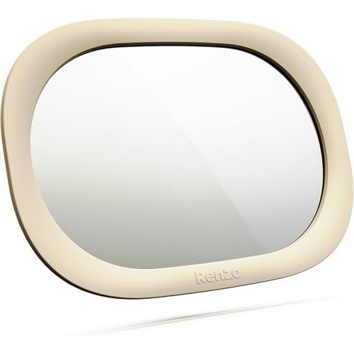 Renzo Baby Car Mirror - Rear Facing Car Seat Mirror for Infants - Extra Large, Shatter-Resistant, 360° Adjustable, Tool-Free Installation - Fits Most Cars, SUVs & Trucks (Almond Cream)