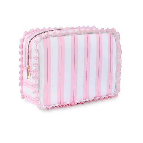 Ruffled Makeup Bag, Pink Stripe | Zipper Closure, Large Capacity, Travel Organizer for Cosmetic Accessories, Brushes, Skincare, for Women Girls