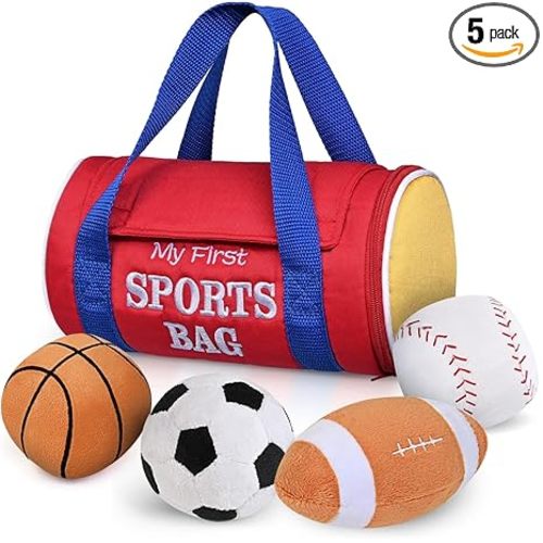 KMUYSL Baby Toys 0-12 Months, My First Sports Bag Plush Toy - 4 Sensory Balls Soft Toys with Crinkle, Rattles for 0-3-6-9-12 Month Newborn Infant, 1st Birthday for Babies Boys Girls Age 1
