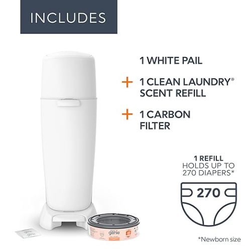 Diaper Genie Complete Diaper Pail (White) with Antimicrobial Odor Control | Includes 1 Diaper Trash Can, 1 Refill Bags, 1 Carbon Filter, Packaging may vary