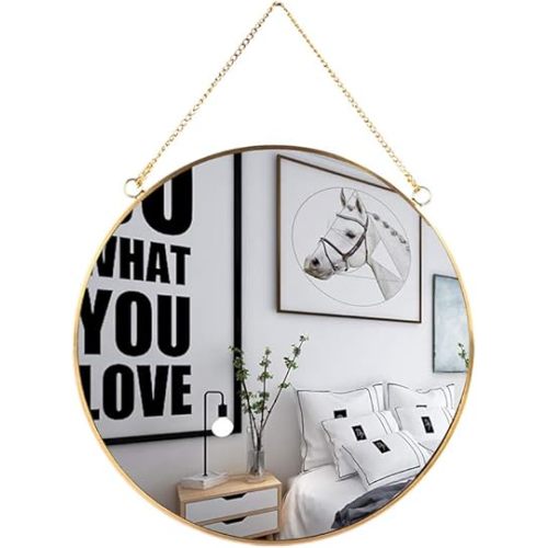 LONGWIN Hanging Wall Circle Mirror Decor Gold Geometric Mirror with Chain for Bathroom Bedroom Living Room 9.8"