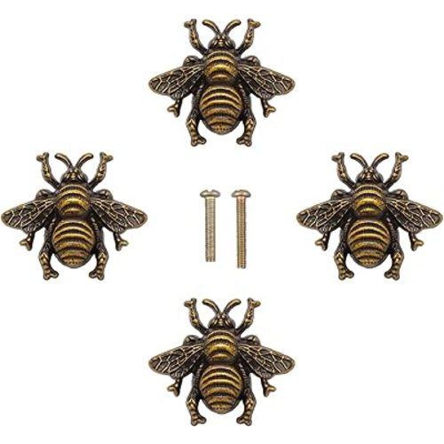 4pcs Bumble Bee Cabinet Knobs - Insect Drawer Pulls - Animal Single Hole Handles for Dresser & Antique Dresser Bathroom Cabinets (Bronze)
