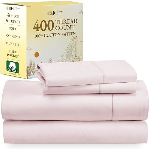 California Design Den Full Size Bed Sheets Set - Soft 400 Thread Count Sateen, Natural 100% Cotton Sheets with Deep Pockets, Breathable, Cooling and Durable Bedding Set - Pink