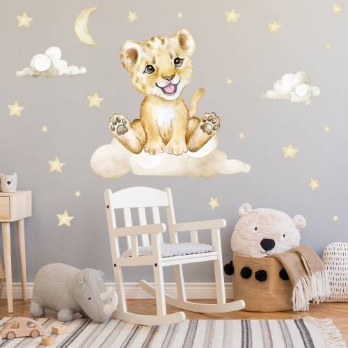 Lion on the Cloud V273 Wall Sticker Children's Room Wall Sticker Sticker with Stars Lions Safari Zoo Clouds Lion Cub Baby
