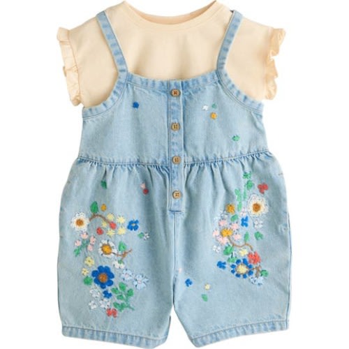 Kids' Embroidered Denim Romper & Frill Shirt Set, 12-18M