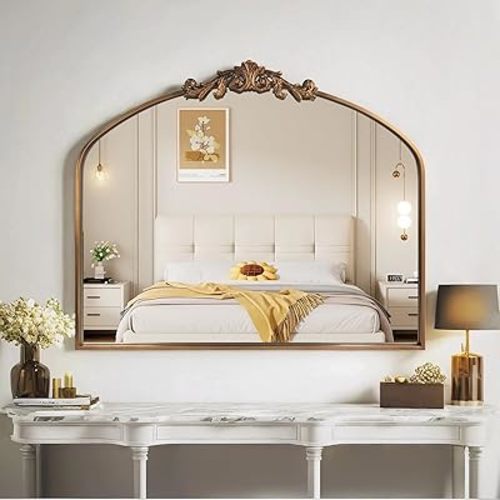 Gold Wall Mirror, Large Arched Vintage Baroque Ornate Mirrors, Traditional Decorative Antique Brass Mirror for Entryway Table, Living Room, Bedroom, Bathroom Vanity, Fireplace (30” x 36”)