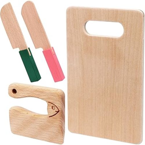 VAIPI 4 Pcs Wooden Kids Knives Cooking Utensils for Kitchen Cooking Children's Safe Knives Kids Cute Kitchen Tools with Rectangle Cutting Board for Cooking Kitchen Veggies Lettuce Fruits Salad Cake