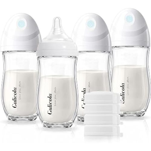 Gulicola Natural Glass Baby Bottle 8 oz for Breastfed Babies, Anti-Colic Baby Bottle Set with Medium Flow Nipple, 3 Months +, 4 Pack - White