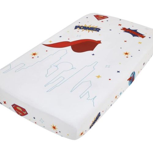 DC Comics Superman Photo Op Fitted Crib Sheet, Metropolis Skyline Superhero Baby Bed Sheet, Red, Blue and White