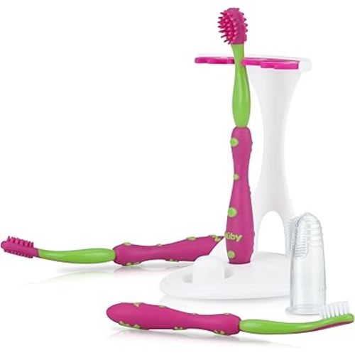 Nuby 4 Stage Toothbrush for Kids - Oral Care Set System - 3 Pack - Baby Toothbrush for 0-6 Months - Pink/Green