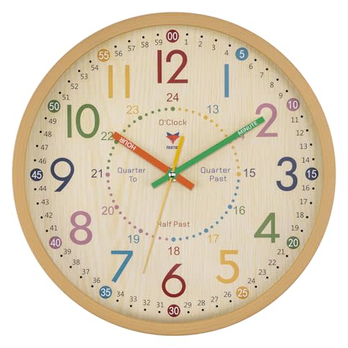 Foxtop Learning Clock for Kids - Telling Time Teaching Clock 12 Inch Silent Non-Ticking Battery Operated Kids Wall Clock for Kids Room Playroom Nursery Classroom School