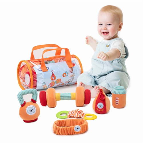 6-Piece Plush Fitness Toy Set for Kids, Soft Gym Equipment Dolls with Sensory Features, Developmental Gifts (Sandbag, Dumbbell, Kettlebell,Sports headband,Tensioner,Water cup)