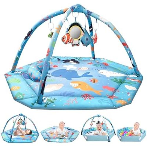 lulunemo Baby Play Mat,Tummy Time Mat with 6 Detachable Toys-Activity Gym for Visual, Auditory & Motor Development-Washable Baby Activity Mat for 0-12 Month Infants(Ocean)