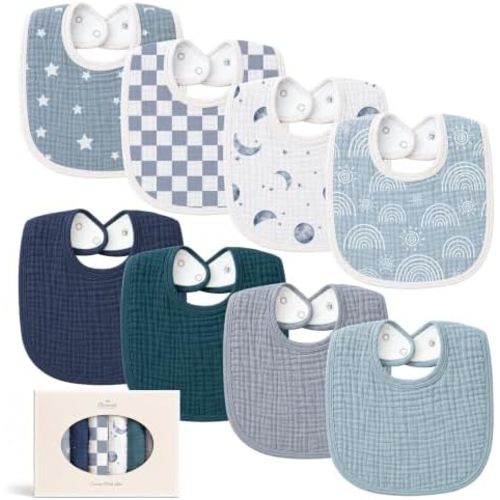 Konssy 8-Pack Muslin Baby Bibs, Adjustable Fit for Drooling and Teething