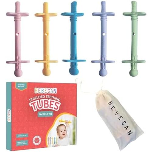 Shielded Teething Tubes – Baby Teething Relief 0-36 Months, Anti-Choking Design, Clip-Attachable, BPA-Free Silicone, 5 Soft Tubes + 2 Teether Clips + 2 Brushes + Storage Bag
