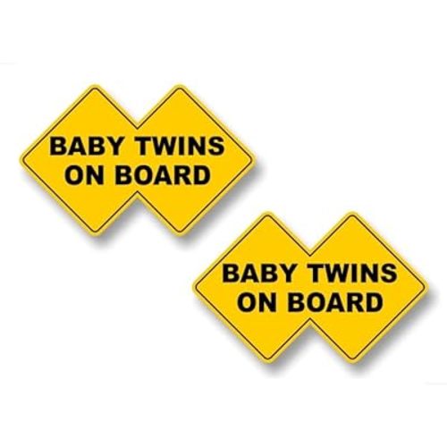 2 Baby Twins On Board 8.25" Vinyl Decals Yellow Double Diamond Design Car Safety Cute Design Twin Kids Gift Onboard Caution Warning Sign Stickers (2 Decals - 5.25'' x 8.25'')