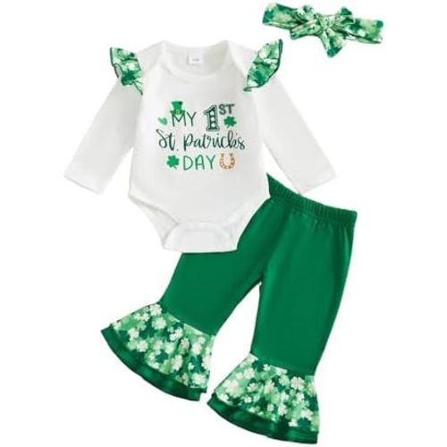 My First St Patricks Day Baby Girl Outfit Newborn Lucky Clover Romper Bell Bottoms Pants with Headband