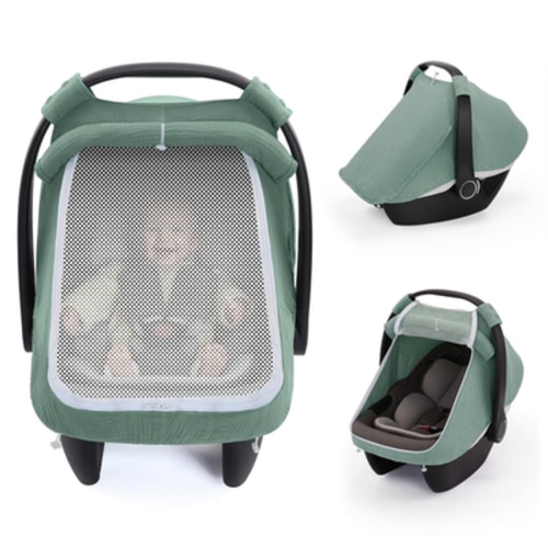 Baby Car Seat Cover, Extra Large Mesh Window, Breathable Muslin Cotton, Infant W