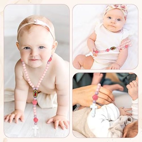 Baby Rosary Baptism Gift, Silicone God Bless Kids First Rosary Catholic Cross Necklace 1st Year Baptism Party Supply for Baby Shower Christian Communion Gifts, Pink, Flower