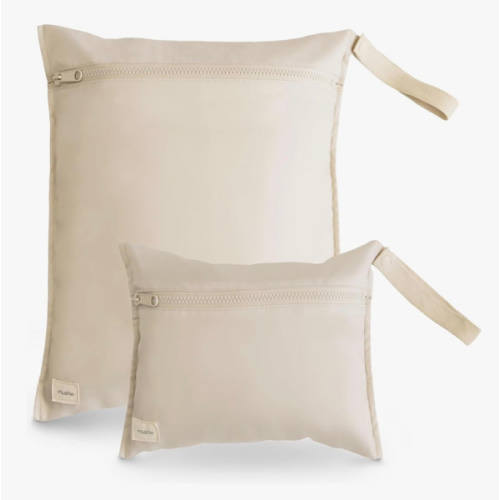 mushie Water Resistant Wet Bags | Large & Small Reusable Storage Bag for Baby Items and Travel | Zippered Pockets with Handle | Machine Washable, Set of 2 (Fog)