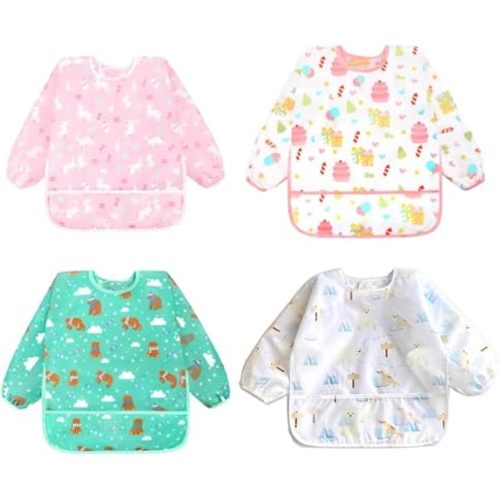 Accmor 4 Pack Long Sleeve Bibs, Baby Smock Waterproof Sleeved Bib Smock for Baby Toddler 6-36 Months