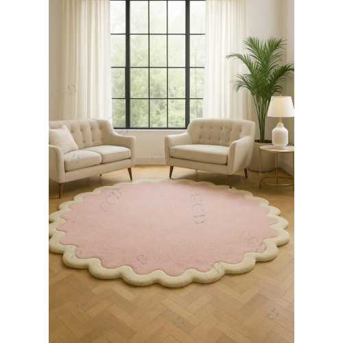 Hand Tufted Wool Pink Scalloped Rug | Round Accent Carpet 6x9ft 7x10ft 8x10ft