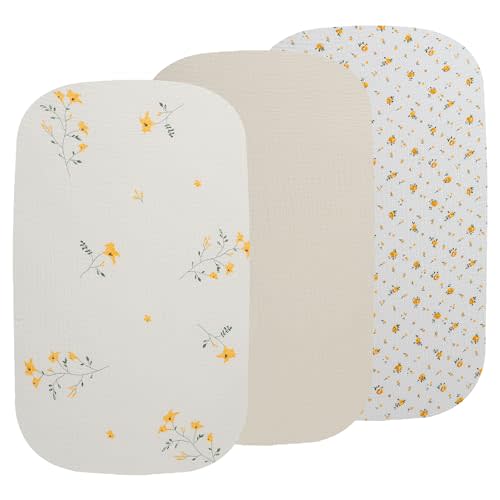 Onacosht Muslin Bassinet Sheets 3 Pack, 100% Cotton Baby Fitted Sheet 33" x 19" Compatible with Mika Micky, KoolaBaby (3 in 1), BabyBond, HARPPA and RICUTON Bedside Bassinet, Leaf and Floral Beige