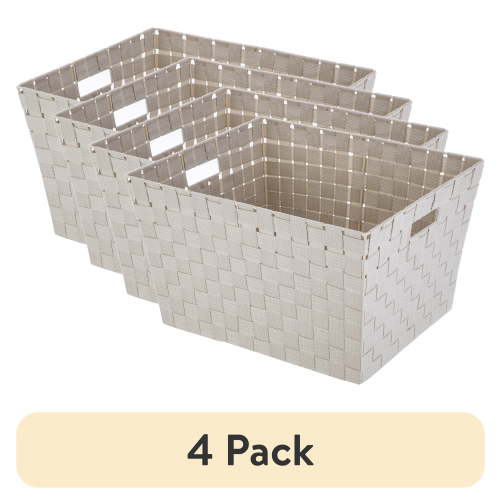 (4 pack) Mainstays Medium Beige Decorative Storage Basket with Handles, 13 in x 9.8 in x 7.8 in