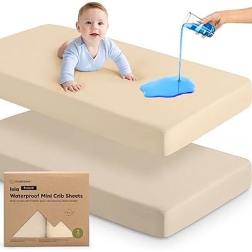 2-Pack Waterproof Pack and Play Sheets, Mini Crib Sheets Fitted for Boy, Girl - 38 x 26 Viscose from Bamboo Pack N Play Mattress Sheets for Graco, Toddler Playard Baby Crib Sheets Neutral (Macadamia)