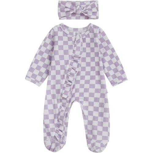 Karuedoo Newborn Baby Girl Clothes Checkered Ruffle Long Sleeve Zipper Footie Romper One-Piece Footed Jumpsuit Sleeper