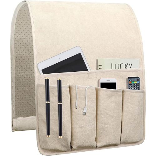 NB Sofa Armrest Organize Remote Holder Bedside Caddy Organizer with 5 Pockets，Non-Slip Couch Remote Control Holder Couch Armchair Caddy Accessories (Beige, 35"X12.4")