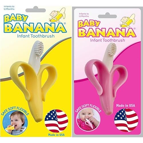 Baby Banana Yellow and Pink 2-Pack of Infant to Toddler Silicone Toothbrushes, Made in USA, Bendable, Food Grade Silicone, Family-Owned Business Since 2009