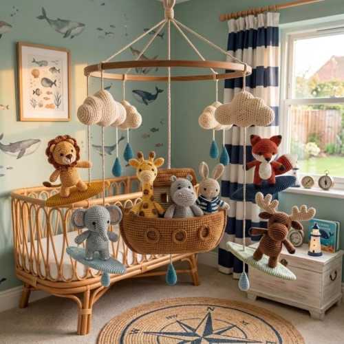 Crochet Noah’s Ark Baby Mobile, Woodland Nursery MobileHandmade Crochet Catholic Baby Mobile: Angels, Lambs, Noah's Ark Ver 1