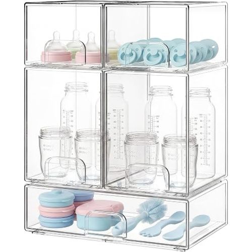 Yecaye Bottle Organizer for Countertop, Baby Bottle Organizer, 5 Pack Stackable Clear Storage Bins with Erasable Labels, Multi-size Countertop Storage for Nursery, Kitchen and Bathroom