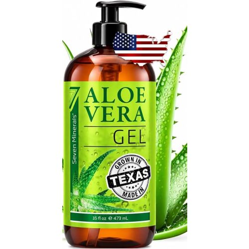 Seven Minerals Aloe Vera Gel with Freshly Cut Organic Aloe 98.7% - 16oz with Pump - Texas grown Pure, HighestQuality, Vegan, Unscented, Non-Sticky - For Face, Skin, Hair, After Sun Sunburn Relief