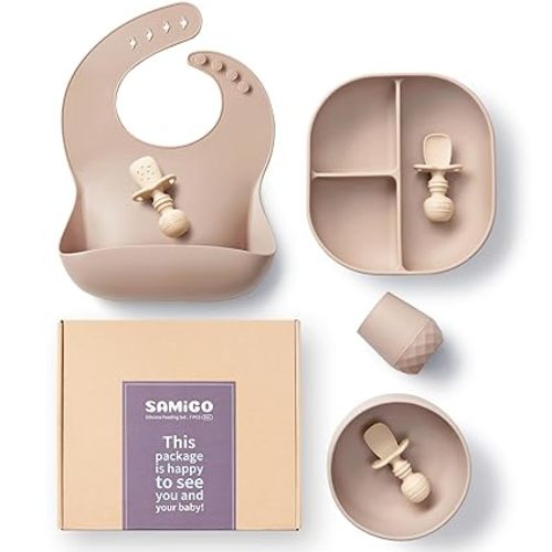 SAMiGO Silicone Baby Feeding Set, Baby Led Weaning Supplies, Suction Bowl Plate Bib Cup Self Feeding Spoons, Solid Food Eating Essentials, First Stage Utensils, 6+ Months
