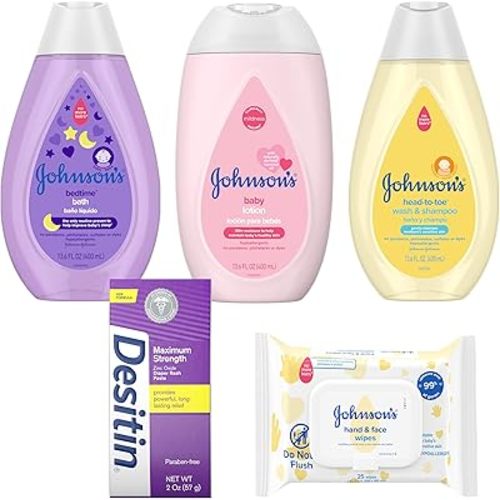 Johnson's Baby Here Comes Baby Gift Set, Baby Essentials for New Parents with Moisturizing Lotion, Bedtime Bath, Body Wash & Shampoo, Hand & Face Wipes, & Diaper Rash Cream, 5 Items