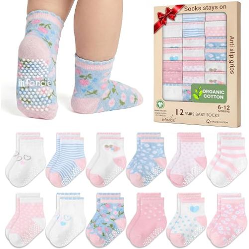 GOTS Organic Cotton Blend 12 Baby Girl Socks Newborn 6-12 M Non Slip Gift