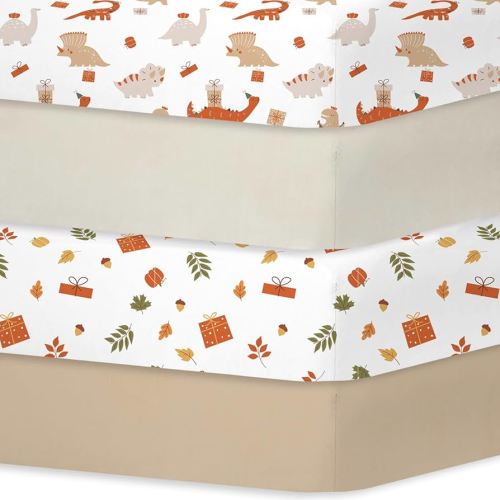 Bimocosy Crib Sheets for Boys Girls, Fitted Crib Sheet 4 Pack for Standard Crib and Toddler Mattresses, Super Soft Breathable Microfiber Baby Sheet 28"x 52", Dinosaur/Leaves/Khaki/Beige