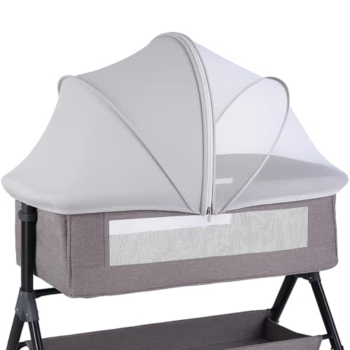 Portable Bassinet Cover with Mosquito Net & 2-Way Zipper, Mosquito Net to Block Light, Bassinet Bedside Sleeper Crib Tent for Toddler Baby, Keep Cats/Bugs Out（Grey）