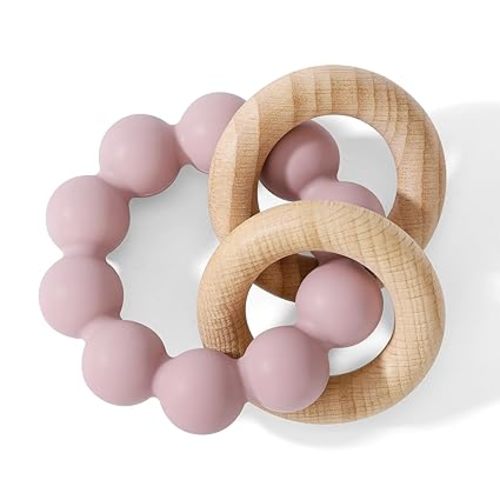 Socub Baby Teething Toys for 0-6 6-12 Months- BPA-Free Food-Grade Silicone & Natural Beech Wood Teether Ring for Newborn Infants Teething Relief- Easy-Grip Sensory Rattle Toys(Dusty Lilac)